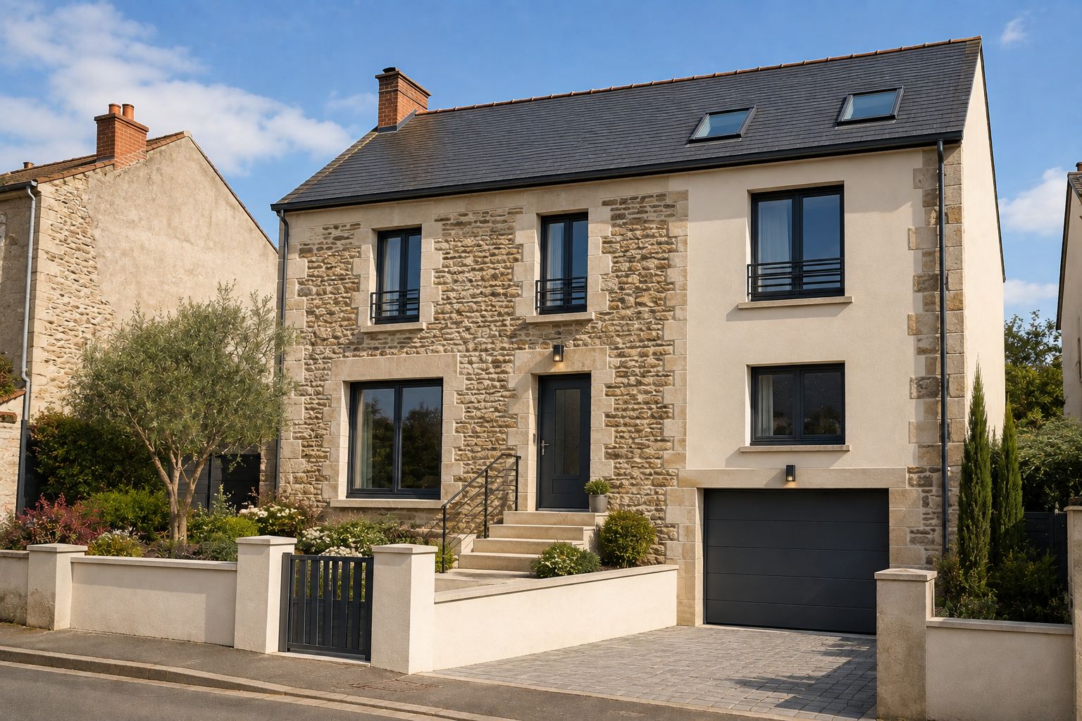 Façade en pierre d'une maison rénovée, dans une rue résidentielle