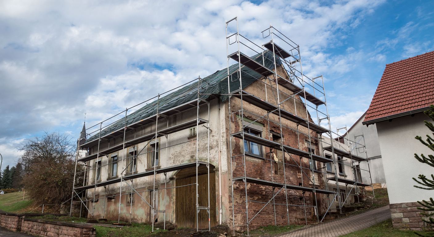 Maison ancienne sous échafaudage pendant sa rénovation