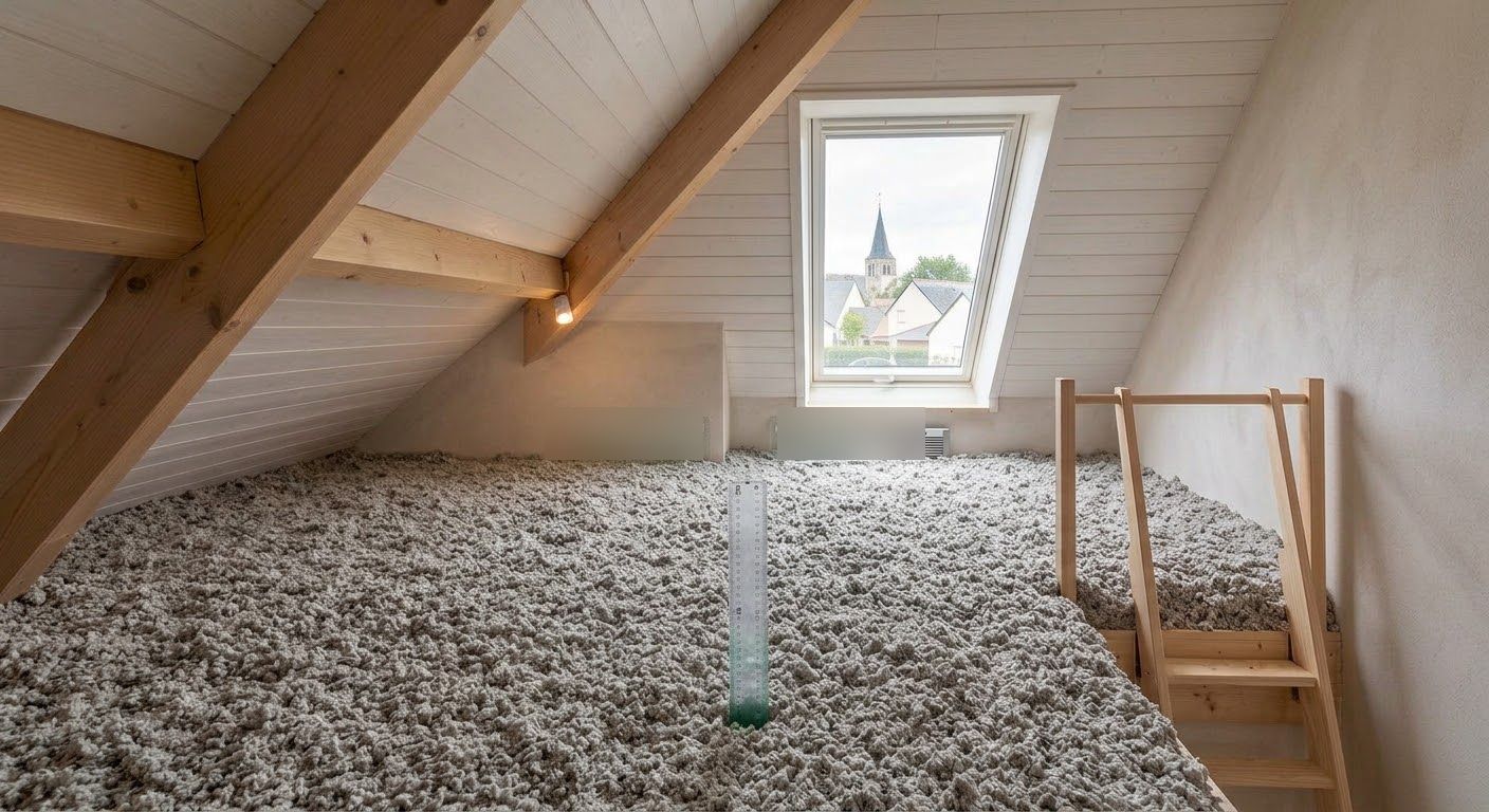 Isolation à Cholet, Angers et Saumur : combles aménagés avec isolation soufflée et fenêtre de toit
