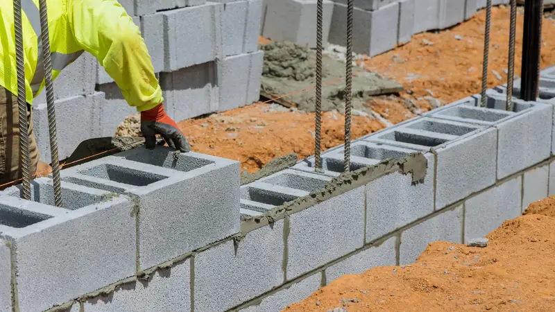 Maçon montant un mur en parpaings pour une extension