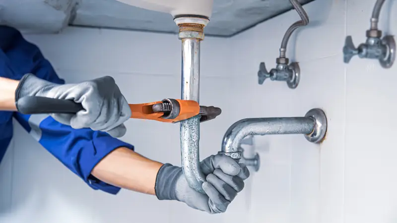 Plombier serrant un raccord sous un lavabo