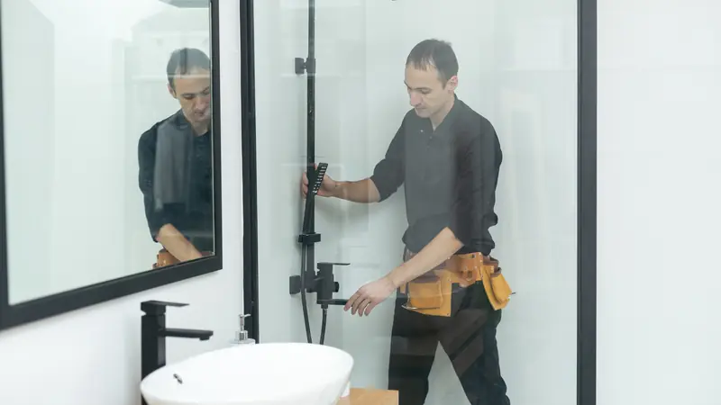 Plombier installant une douche dans une salle de bain