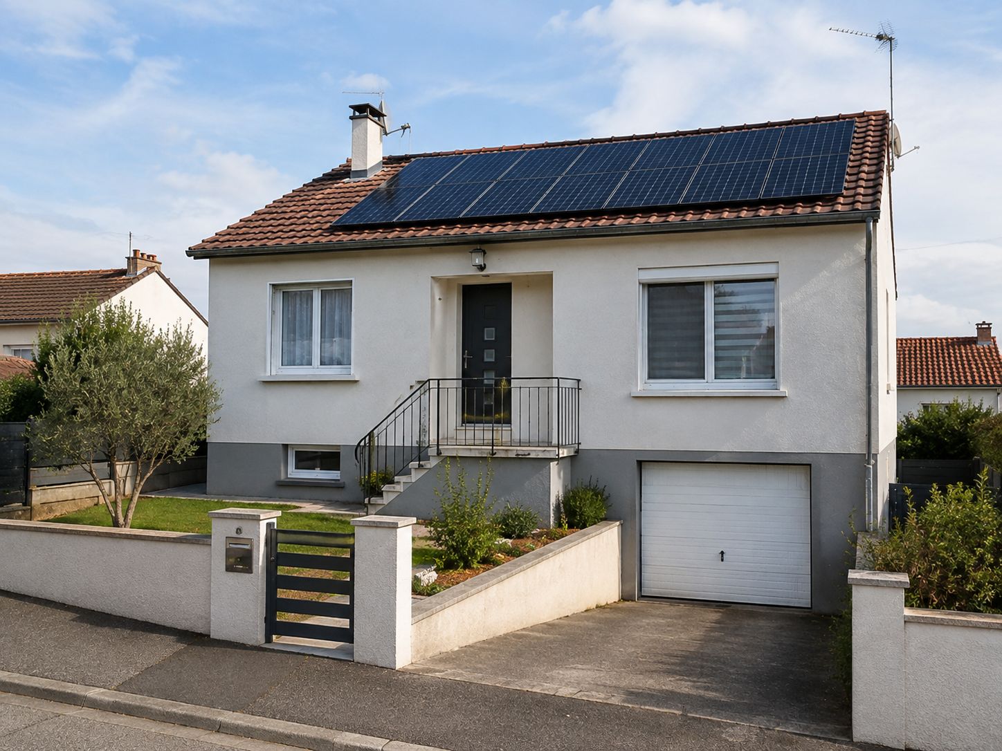 Panneaux solaires installés sur le toit en tuiles d'une maison